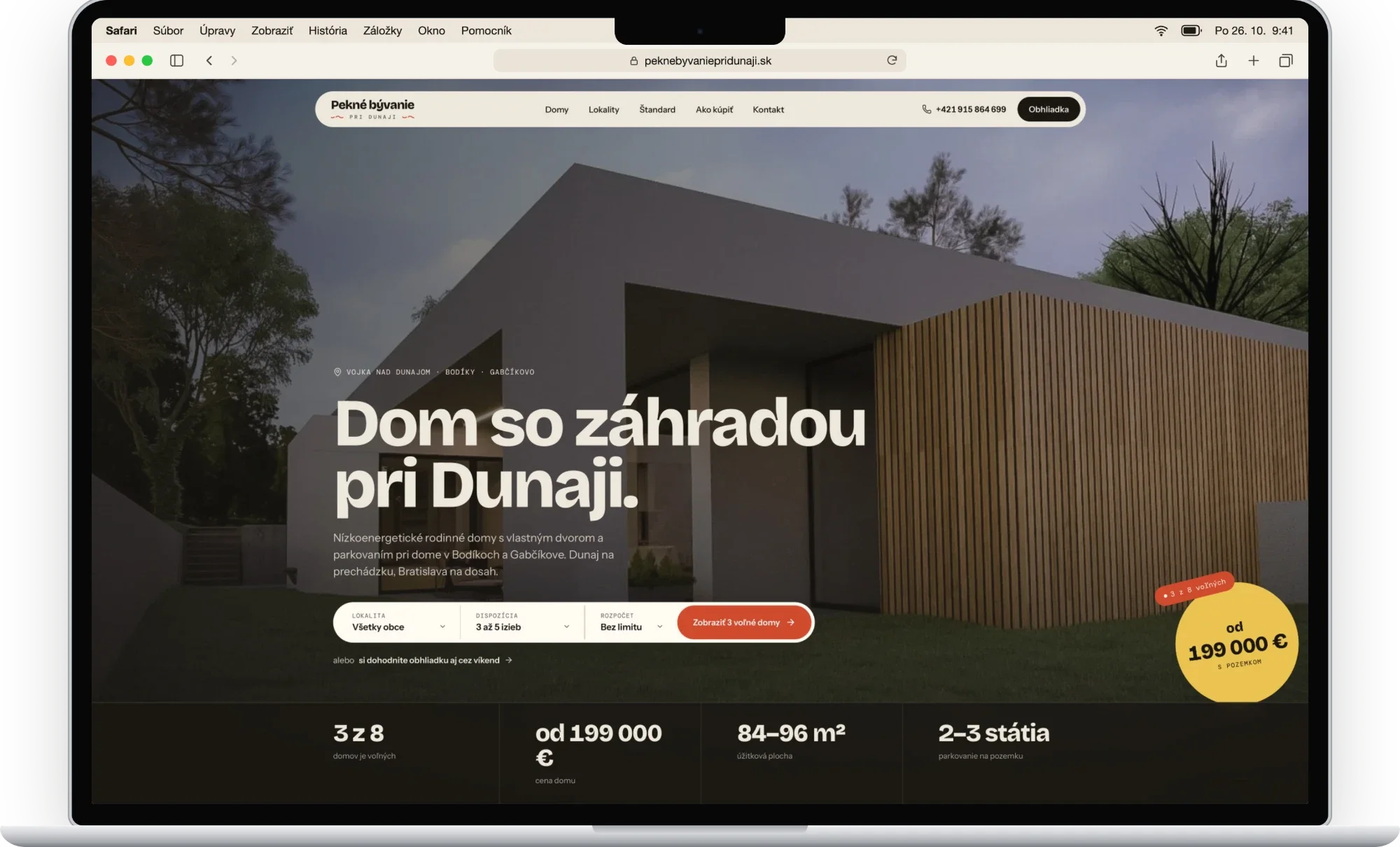 Úvod predajného webu Pekné bývanie pri Dunaji s vyhľadávaním domov a cenou od 199 000 €